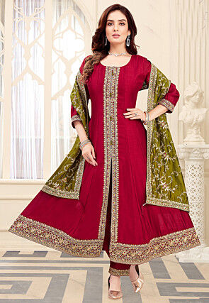 Embroidered Art Silk Anarkali Suit in Maroon