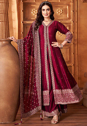Embroidered Art Silk Anarkali Suit in Maroon