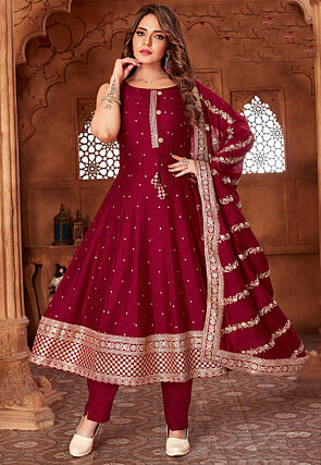 Embroidered Art Silk Anarkali Suit in Maroon