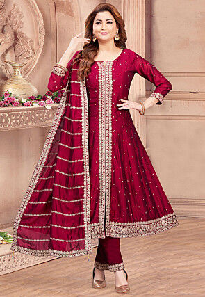 Embroidered Art Silk Anarkali suit in Maroon