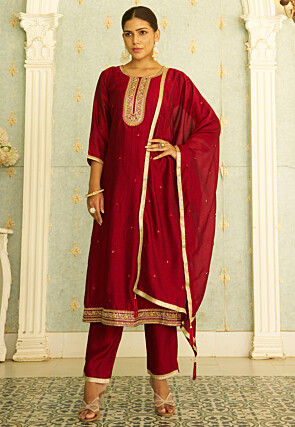 Embroidered Art Silk Anarkali Suit in Maroon