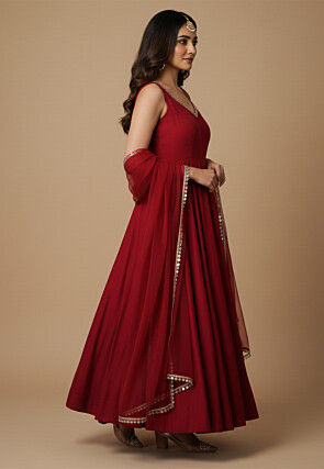 Embroidered Art Silk Anarkali Suit in Maroon
