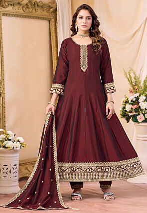 Embroidered Art Silk Anarkali Suit in Maroon