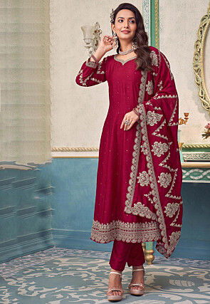 Embroidered Art Silk Anarkali Suit in Maroon