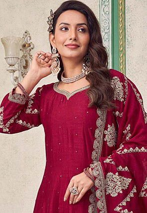 Embroidered Art Silk Anarkali Suit in Maroon