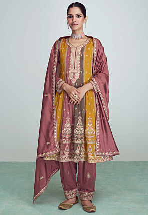 Embroidered Art Silk Anarkali Suit in Multicolor