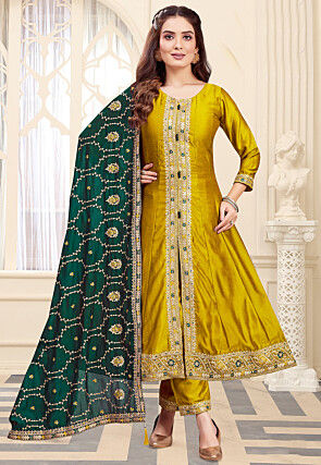 Embroidered Art Silk Anarkali Suit in Mustard