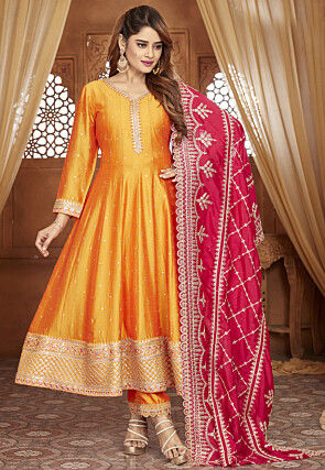 Embroidered Art Silk Anarkali Suit in Mustard