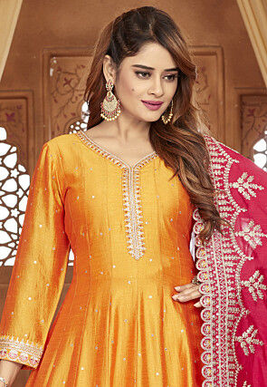 Embroidered Art Silk Anarkali Suit in Mustard