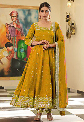 Embroidered Art Silk Anarkali Suit in Mustard