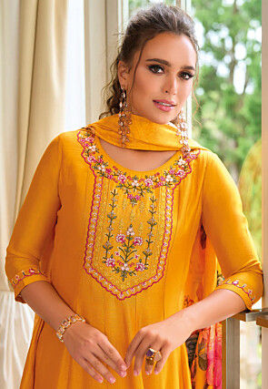 Embroidered Art Silk Anarkali Suit in Mustard