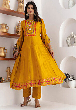 Embroidered Art Silk Anarkali Suit in Mustard