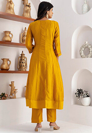 Embroidered Art Silk Anarkali Suit in Mustard