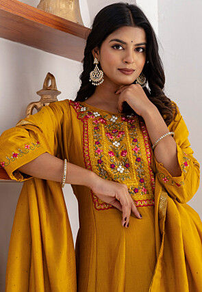 Embroidered Art Silk Anarkali Suit in Mustard