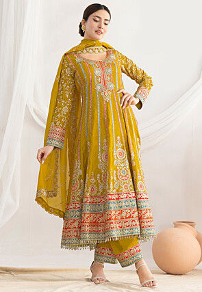 Embroidered Art Silk Anarkali Suit in Mustard