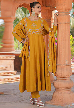 Embroidered Art Silk Anarkali Suit in Mustard