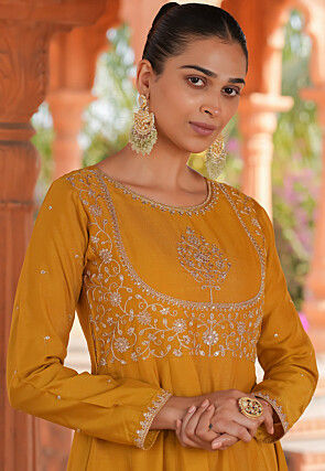 Embroidered Art Silk Anarkali Suit in Mustard