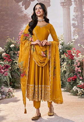 Embroidered Art Silk Scalloped Anarkali Suit in Mustard