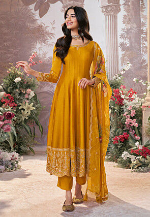 Embroidered Art Silk Scalloped Anarkali Suit in Mustard