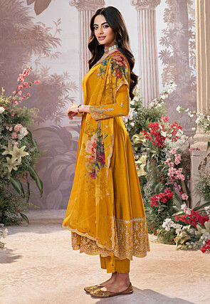Embroidered Art Silk Scalloped Anarkali Suit in Mustard