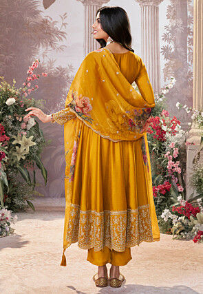 Embroidered Art Silk Scalloped Anarkali Suit in Mustard
