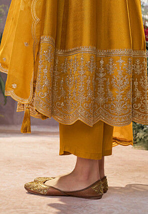 Embroidered Art Silk Scalloped Anarkali Suit in Mustard