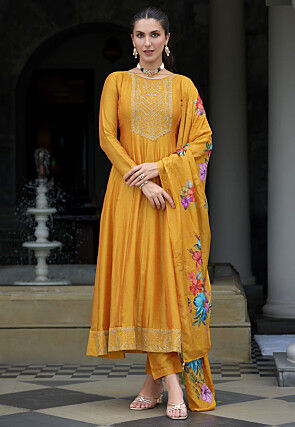 Embroidered Art Silk Anarkali Suit in Mustard