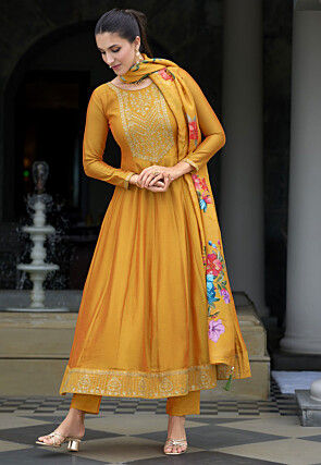 Embroidered Art Silk Anarkali Suit in Mustard