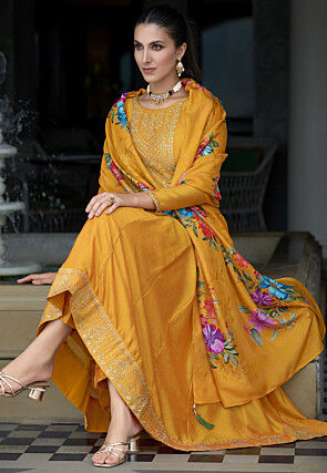 Embroidered Art Silk Anarkali Suit in Mustard