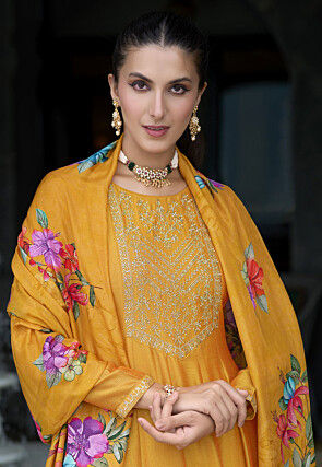 Embroidered Art Silk Anarkali Suit in Mustard