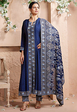 Embroidered Art Silk Anarkali Suit in Navy Blue