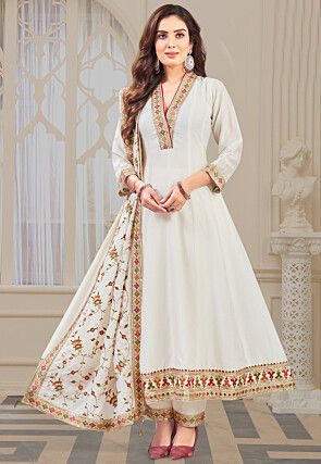 Embroidered Art Silk Anarkali Suit in Off White