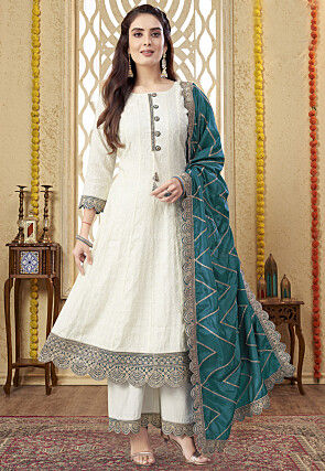 Embroidered Art Silk Anarkali Suit in Off White