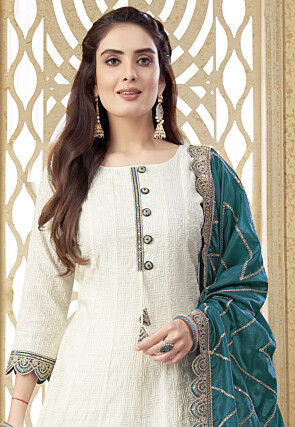 Embroidered Art Silk Anarkali Suit in Off White