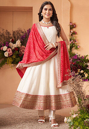 Embroidered Art Silk Anarkali Suit in Off White