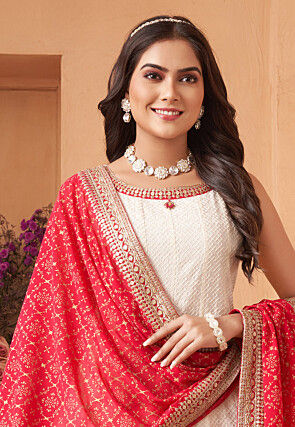Embroidered Art Silk Anarkali Suit in Off White
