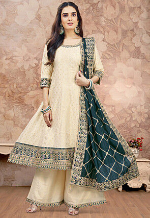 Embroidered Art Silk Anarkali Suit in Off White