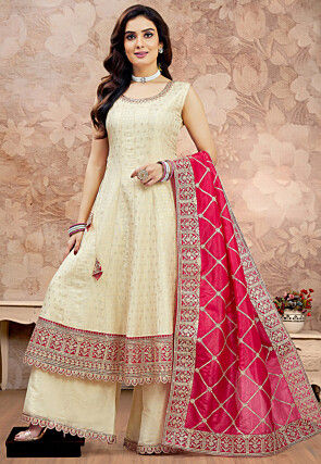 Embroidered Art Silk Anarkali Suit in Off White