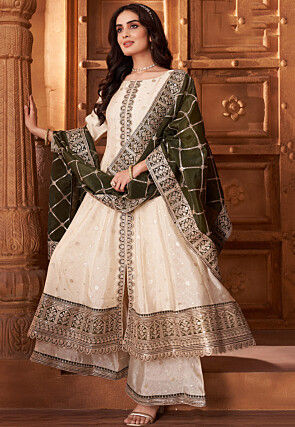 Embroidered Art Silk Anarkali Suit in Off White