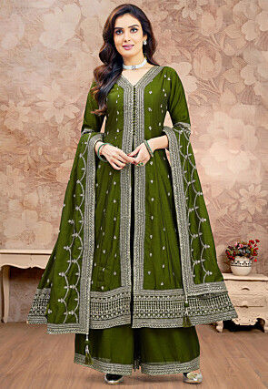 Embroidered Art Silk Anarkali Suit in Olive Green