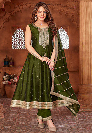 Embroidered Art Silk Anarkali Suit in Olive Green
