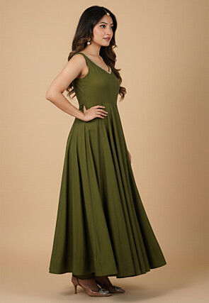 Embroidered Art Silk Anarkali Suit in Olive Green