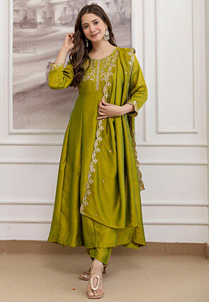 Embroidered Art Silk Anarkali Suit in Olive Green