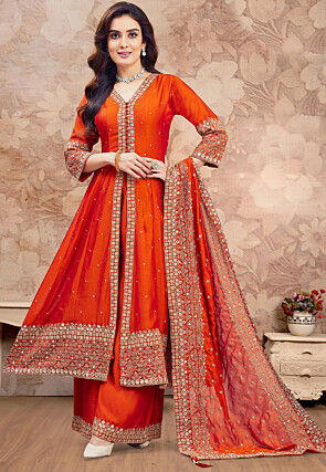 Embroidered Art Silk Anarkali Suit in Orange