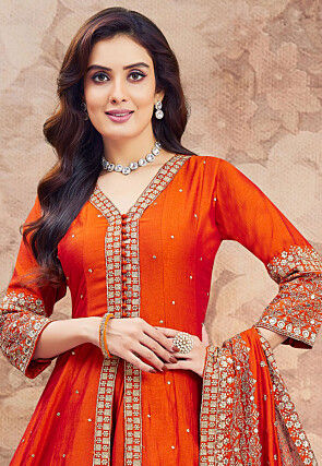 Embroidered Art Silk Anarkali Suit in Orange