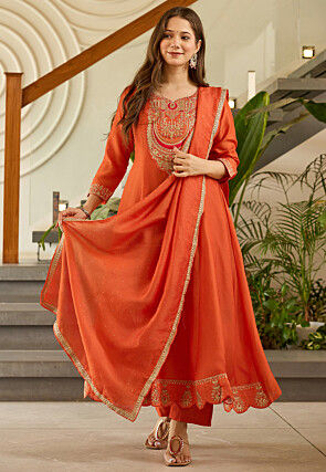 Embroidered Art Silk Anarkali Suit in Orange