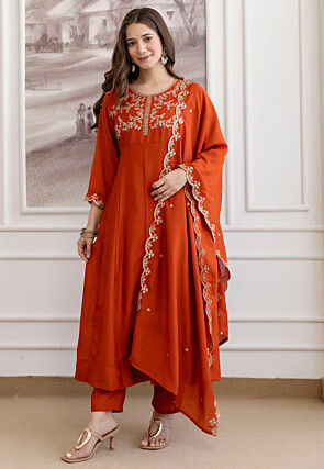 Embroidered Art Silk Anarkali Suit in Orange