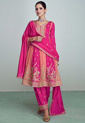Embroidered Art Silk Anarkali Suit in Pink and Peach