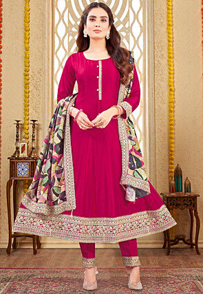 Embroidered Art Silk Anarkali Suit in Pink