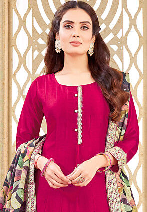 Embroidered Art Silk Anarkali Suit in Pink